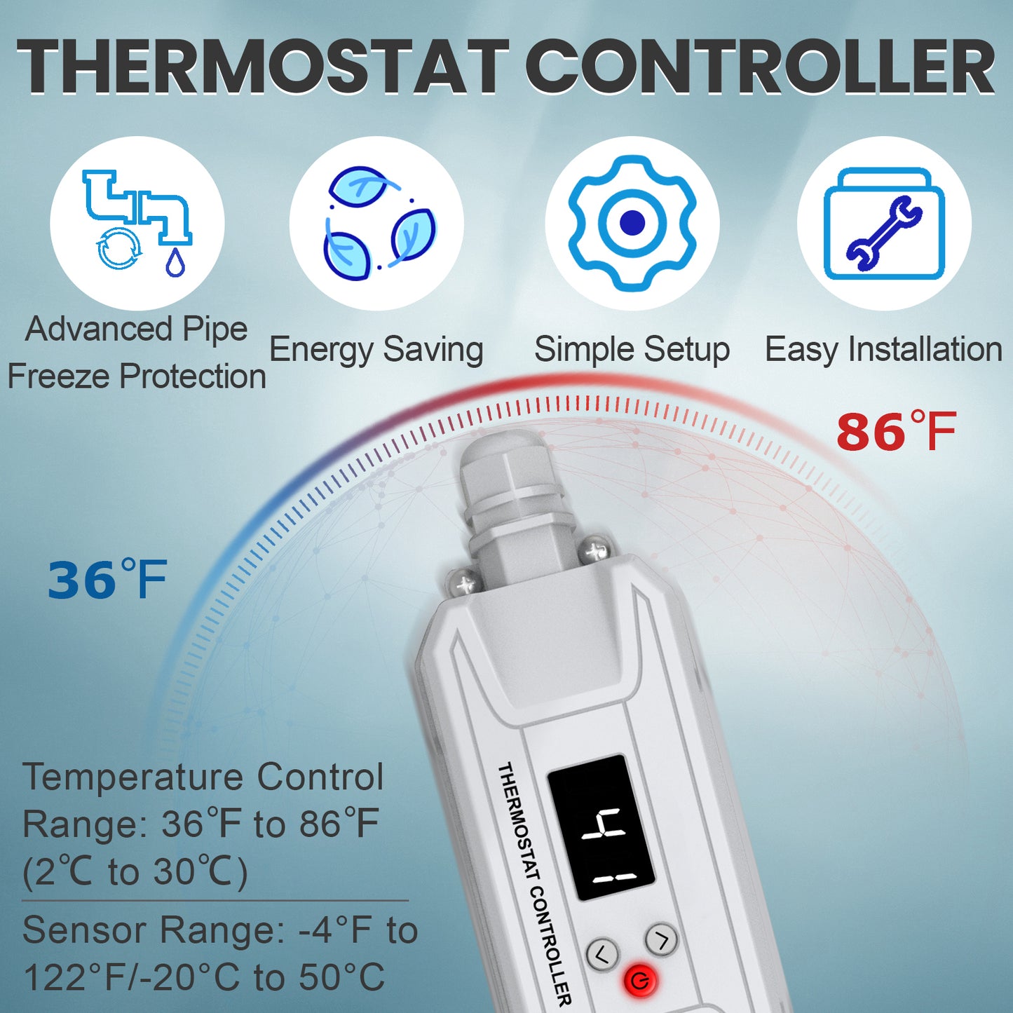 Adjustable Thermostat for Pipe Heat Tape, Customizable Temperature Control, Includes a 15 ft Sensor