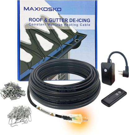 MAXKOSKO Gutter Heat Trace Cable, Constant Wattage Heat Tape, Clips and Spacers Included, 10ft Power Cold, 7W/ft