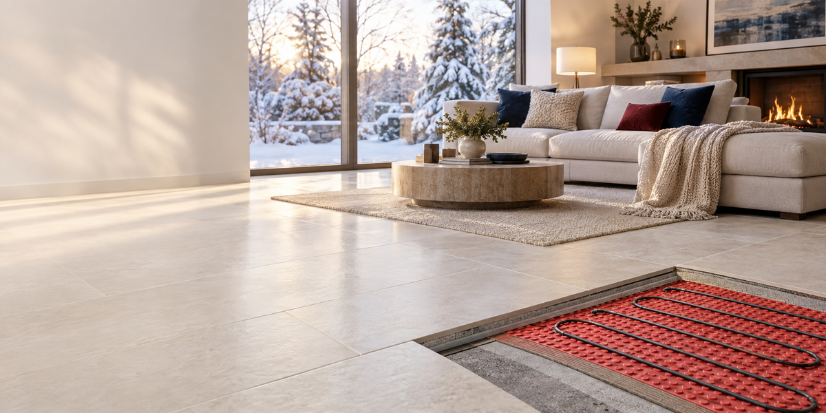 Winter living room with a floor cutaway showing electric heating cable in a red membrane beneath the tiles.
