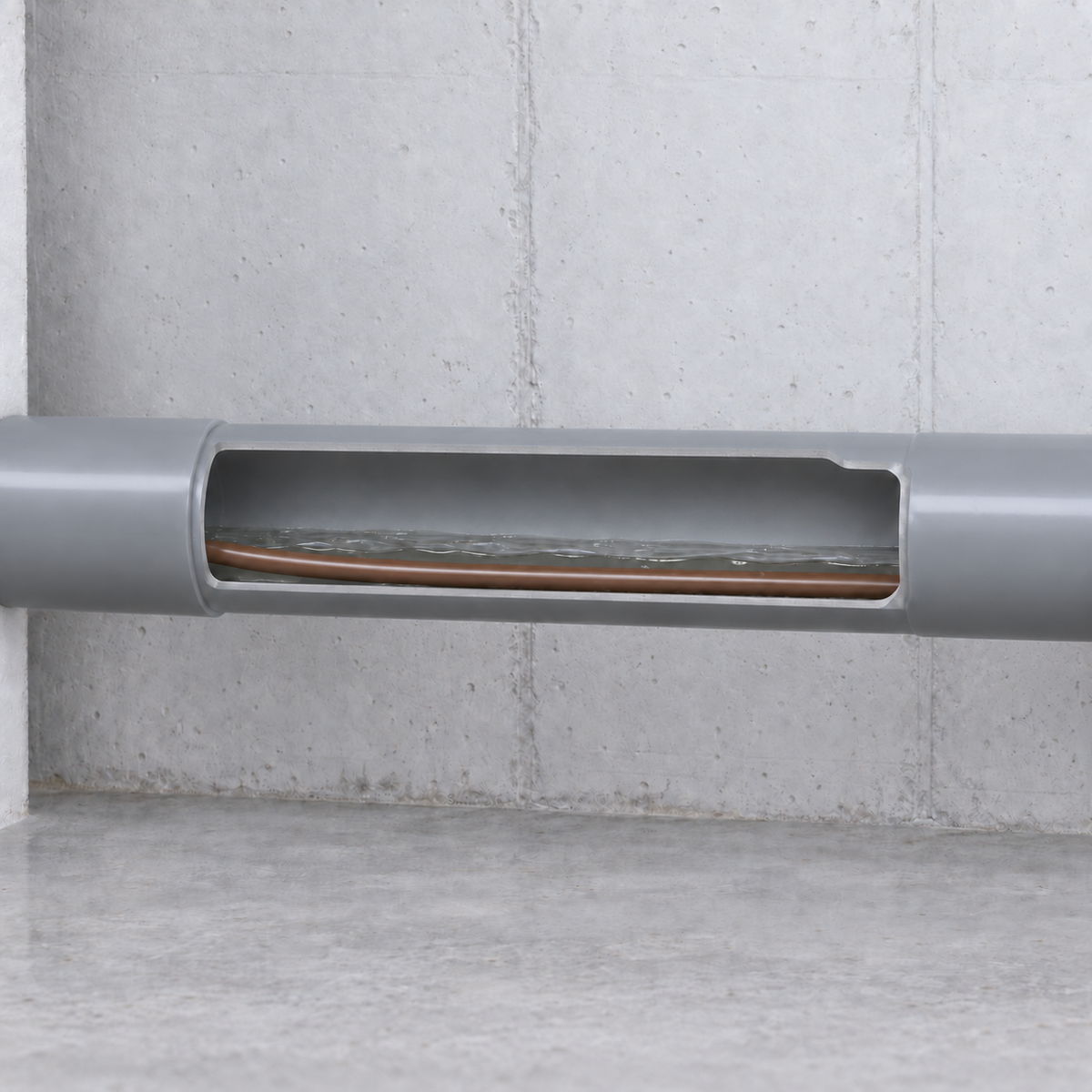 Cutaway illustration of a brown heating cable lying inside a drain pipe beneath shallow water.