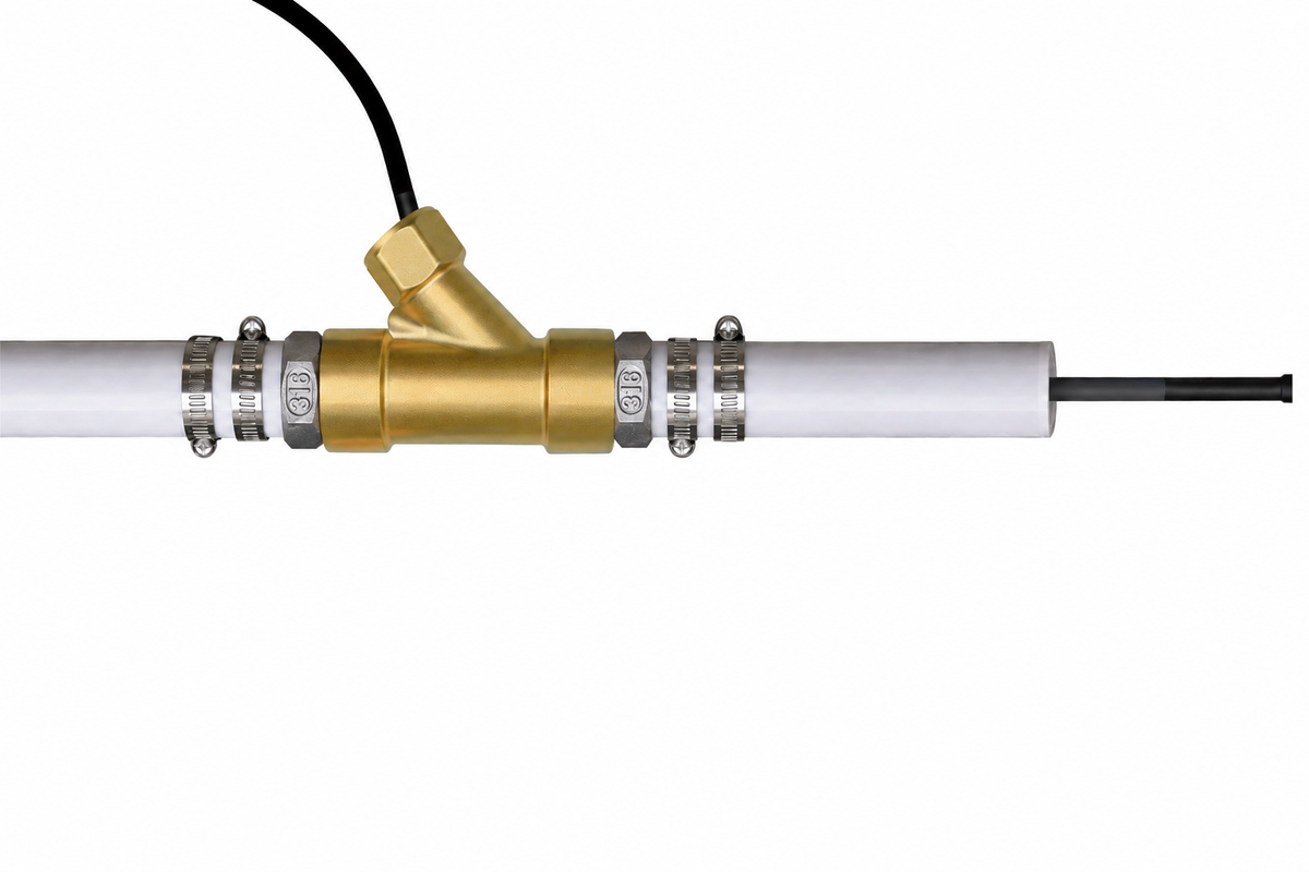 In-pipe heating cable installed through an upward-facing brass Y-fitting between white drinking-water pipes.