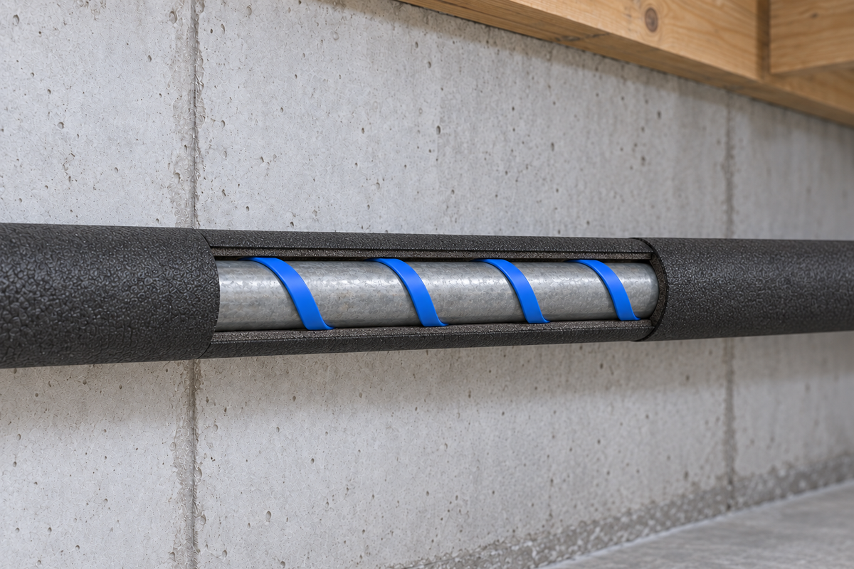 Flat blue self-regulating heating cable wrapped around a slim water pipe beneath a cutaway foam insulation sleeve.