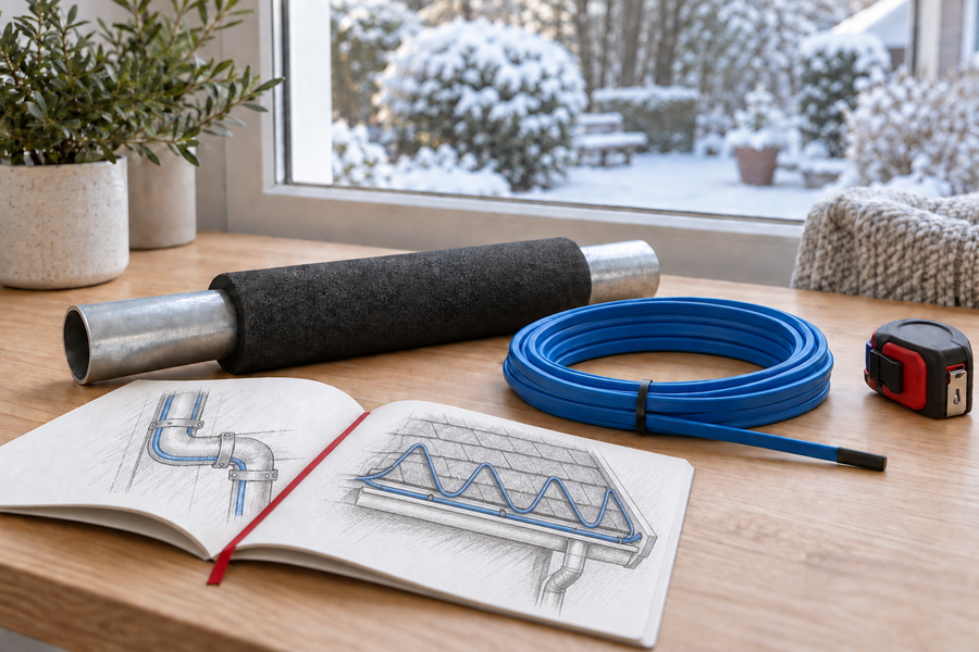 Heating cable planning notebook beside a blue cable coil, with a pipe sketch on the left page and a roof and gutter de-icing sketch on the right.
