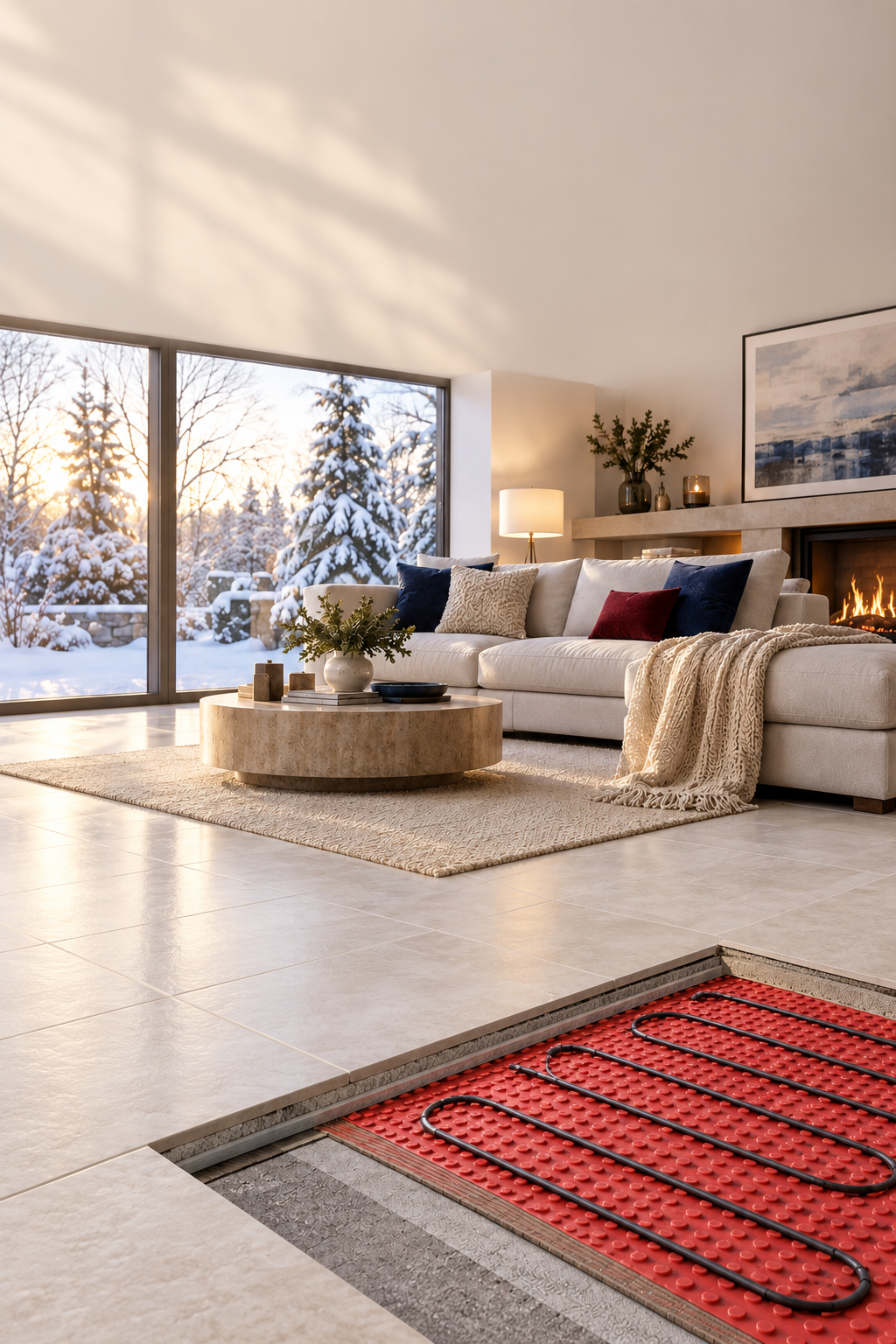 Portrait view of a warm winter living room and a tile floor cutaway revealing red heating membrane and electric cable.