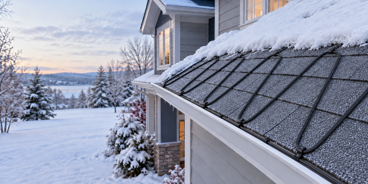 Flat roof de-icing cable in a zigzag, with each lower loop reaching the shingle edge above the gutter on a snowy home.