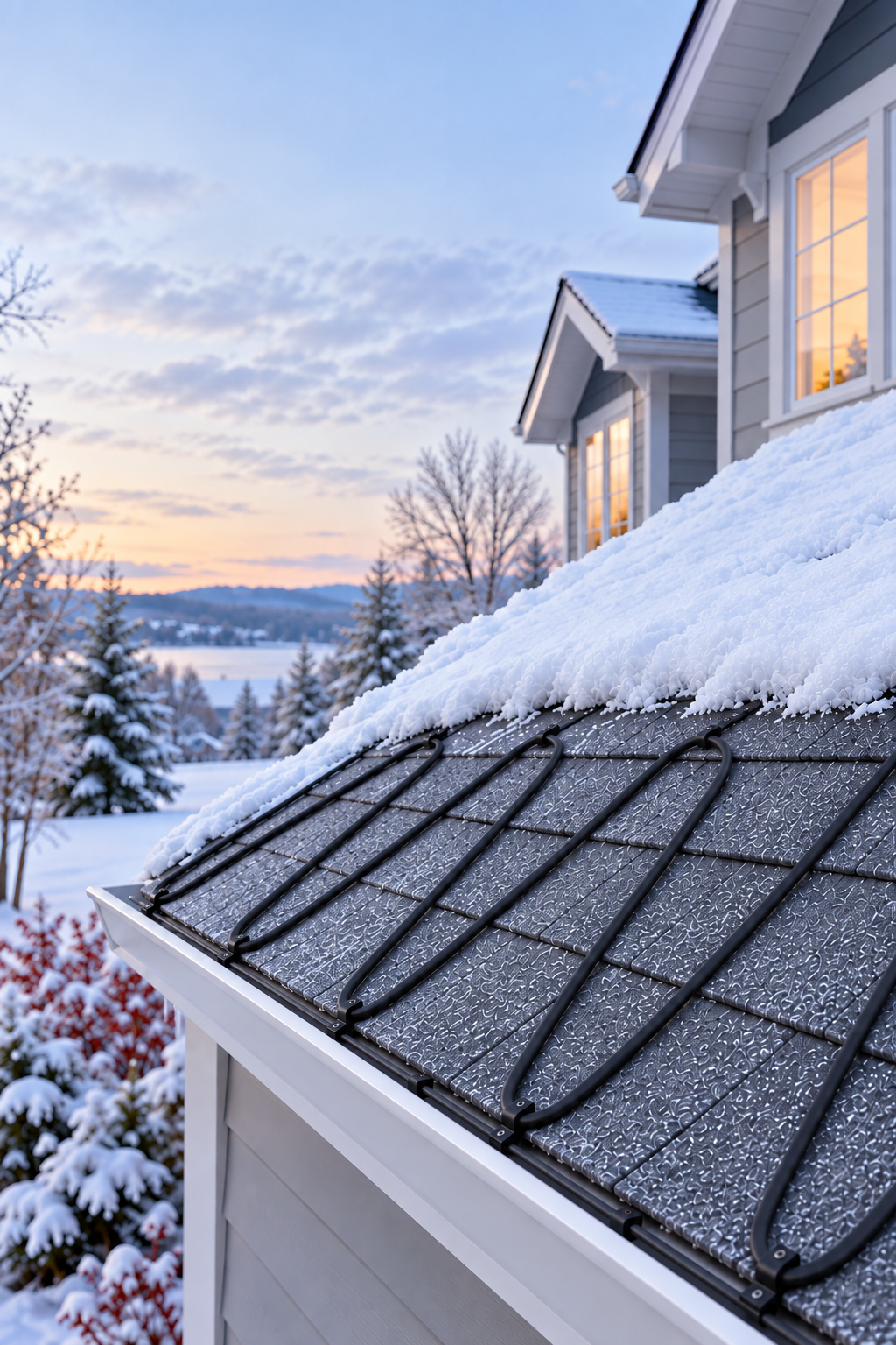 Portrait winter roof scene with flat heating cable loops extending to the shingle edge above the gutter.
