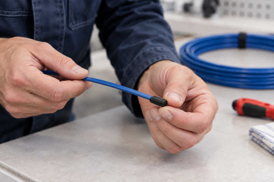 Close-up inspection of a flat heating cable and its sealed end cap.