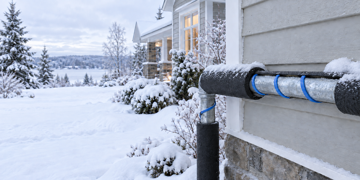 Blue heating cable around an exterior water pipe, shown beneath cutaway insulation beside a snow-covered home.
