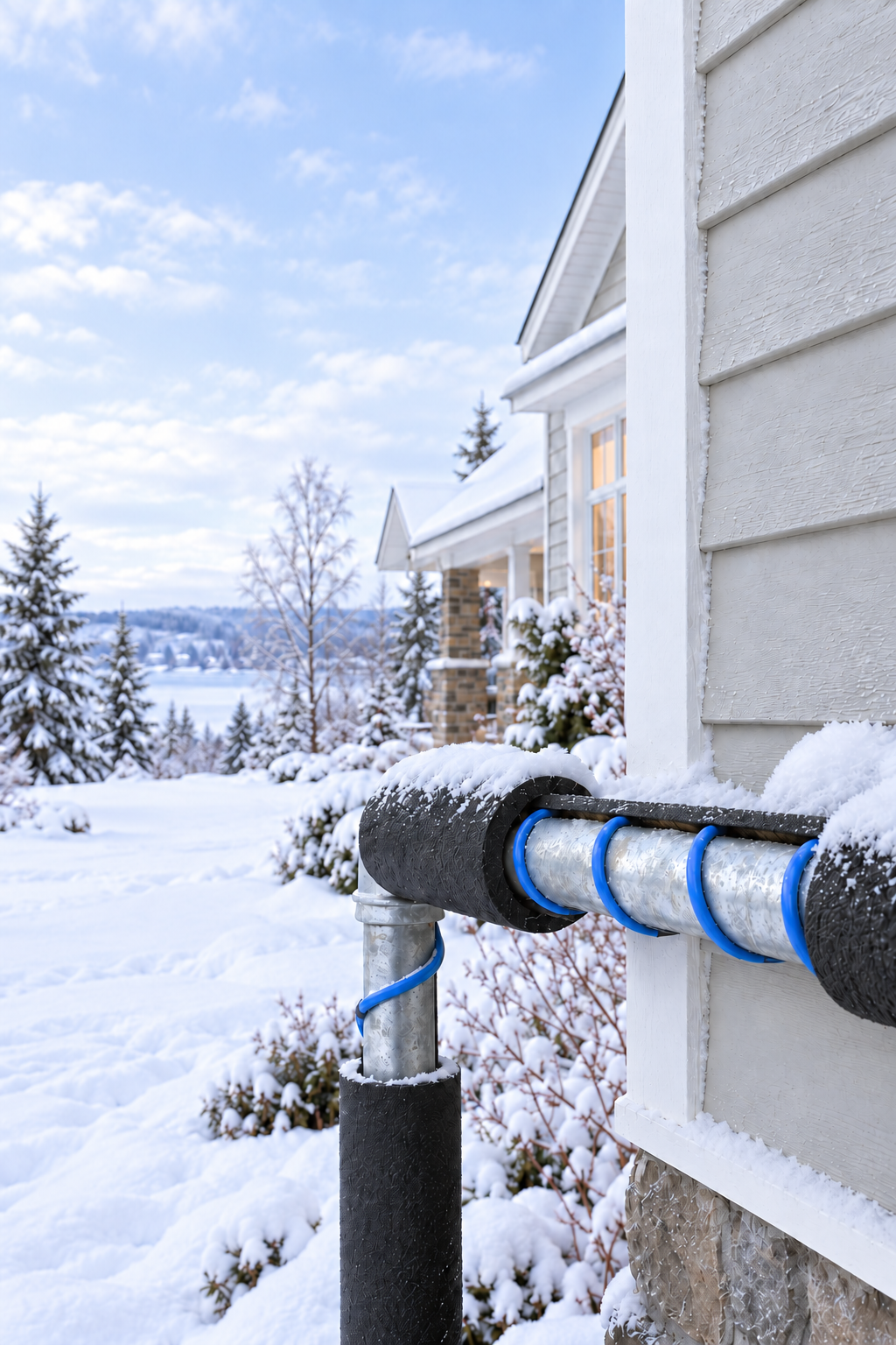 Blue heating cable on an exterior water pipe beneath cutaway insulation, shown beside a snowy home in a portrait winter scene.