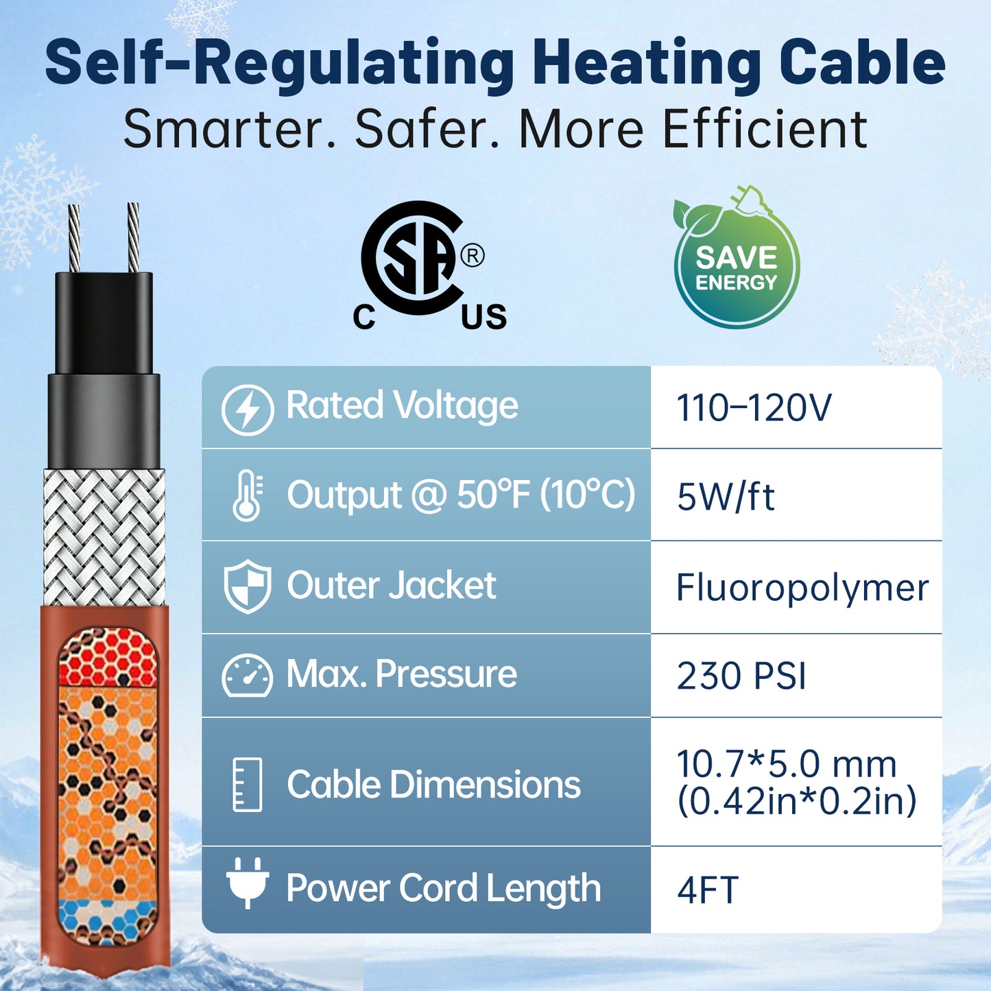 MAXKOSKO 120V In-Pipe Heating Cable for Water, Sewer & Drain Pipes, CSA Certified Self-Regulating Heat Trace with GFCI