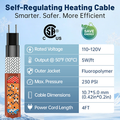 MAXKOSKO 120V In-Pipe Heating Cable for Water, Sewer & Drain Pipes, CSA Certified Self-Regulating Heat Trace with GFCI